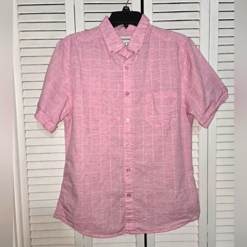 Haggar Size M Linen Blend Shirt Pink Short Sleeve Button down